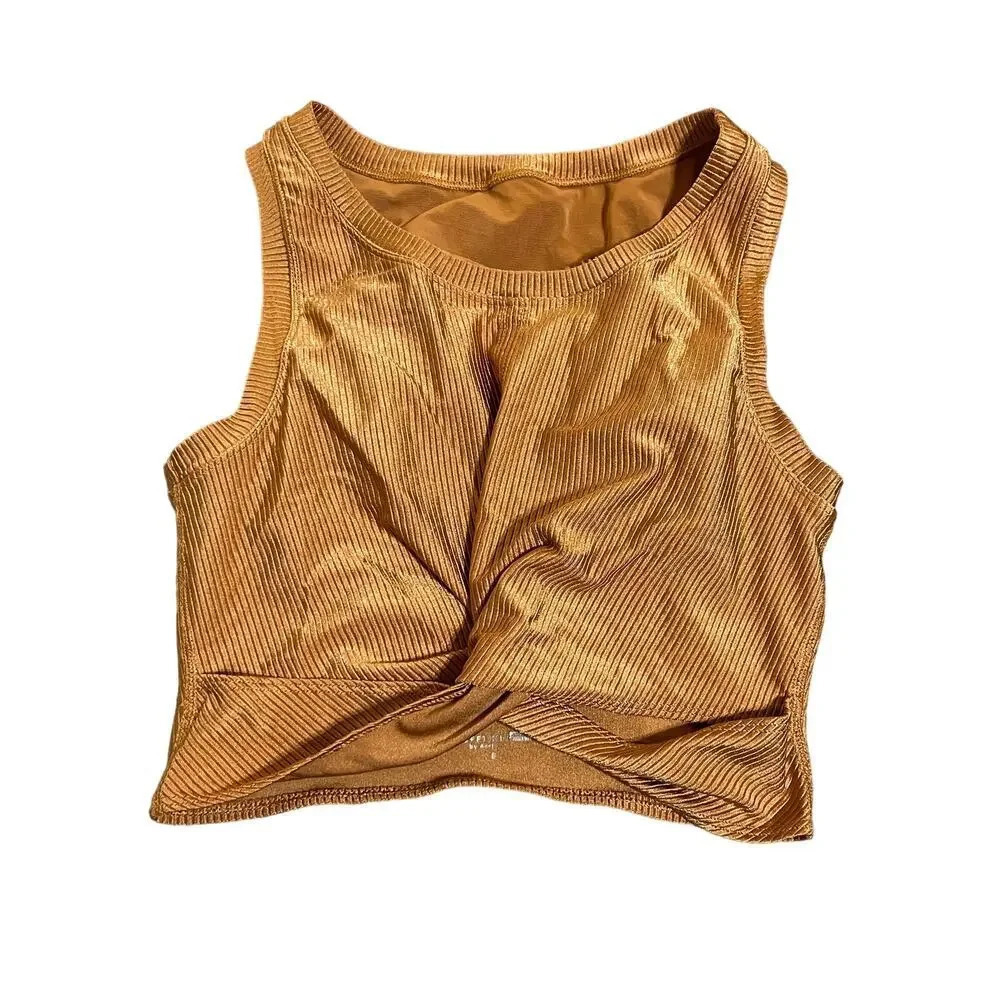 Aerie Offline SZ Large Metallic Short Sleeve Ribbed Crop Top Twist Front Knot